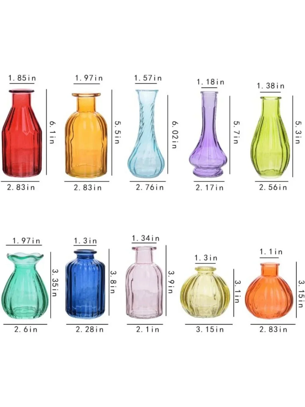 Set of 10 Colorful Glass Bud Vases - Vintage Small Flower Bottles for Home